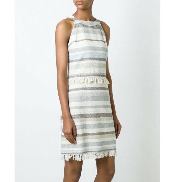 Tory Burch Mini Fringed Boho Dress 10 Ivory Sleeveless Cotton Sheath Stripe - Picture 9 of 14